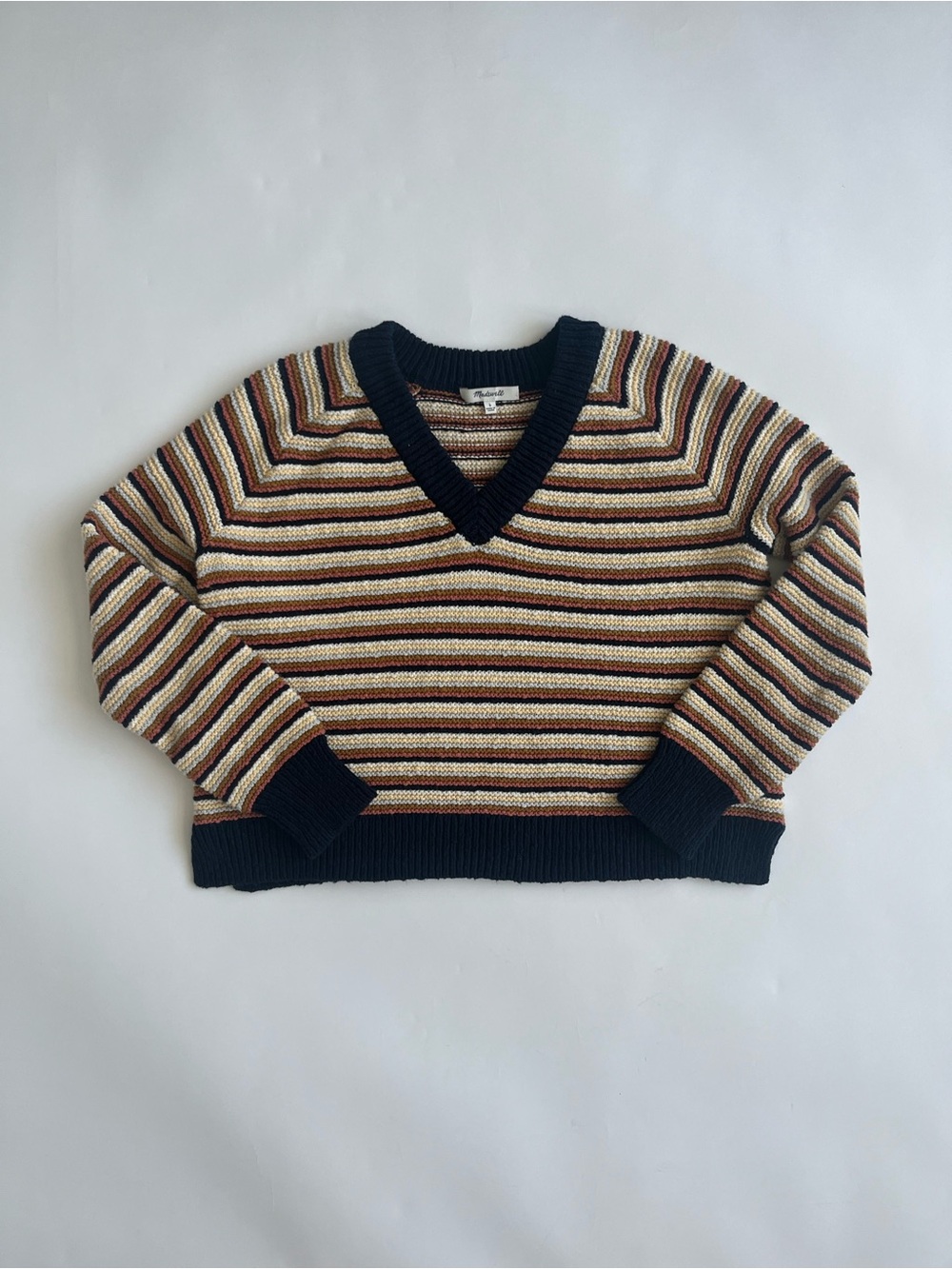 Madewell Women’s CroppedStriped V-Neck Women's Sweater in Navy, Cream & Burgundy